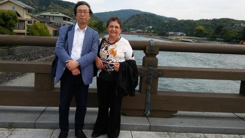 With Japanese-literature scholar Tadashi Wakashima,  President of the Nabokov Society of Japan.  On the bridge across the Uji river. the last part of "The Tale of Genji" is set in this region.